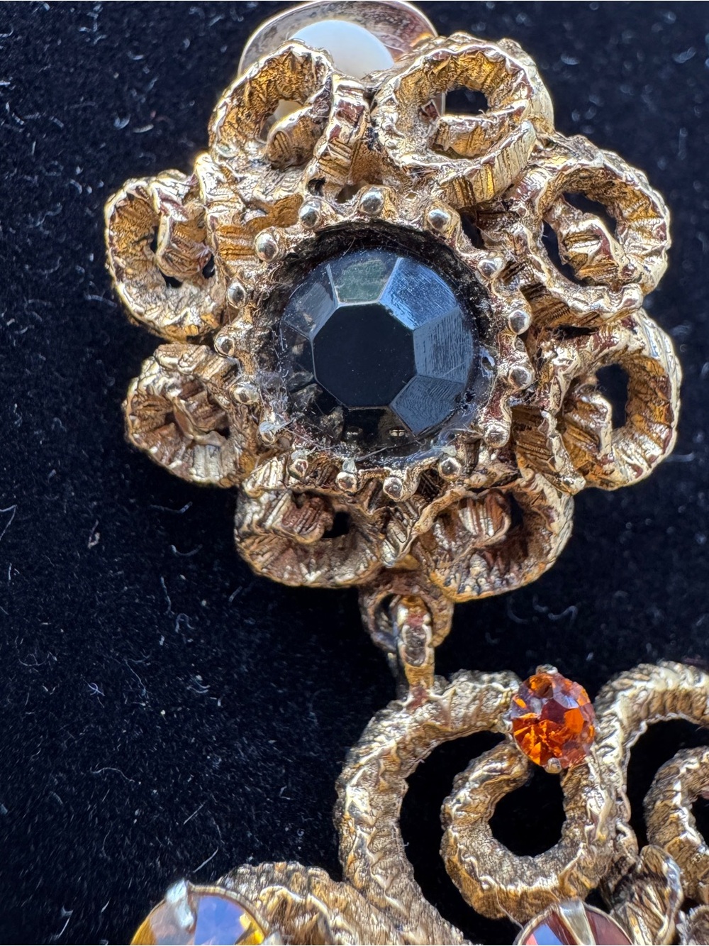 Vintage RARE Graziano Gold-Tone Drop Hoop Earrings with Amber and Black Crystals - Picture 7 of 11